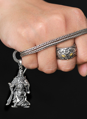 霸气实心关公吊坠男士纯银项链潮男个性武财神小众设计挂件送男友