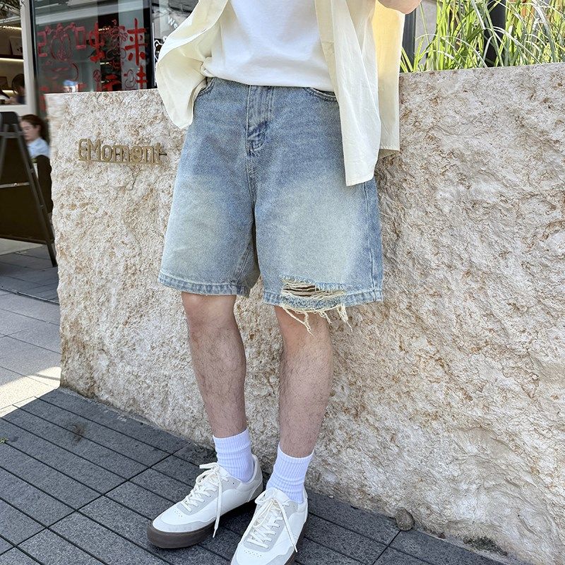 蓝色水洗做旧破洞牛仔短裤夏季2025新款男生五分裤子宽松休闲潮流,淘宝优惠券,粉丝福利购,淘宝优惠卷