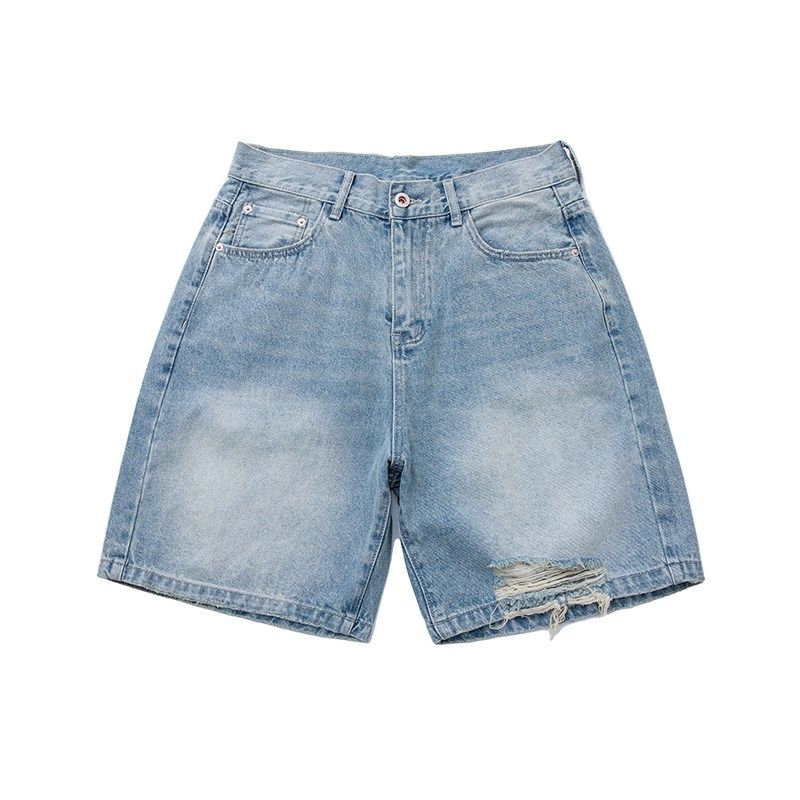 蓝色水洗做旧破洞牛仔短裤夏季2025新款男生五分裤子宽松休闲潮流,淘宝优惠券,粉丝福利购,淘宝优惠卷