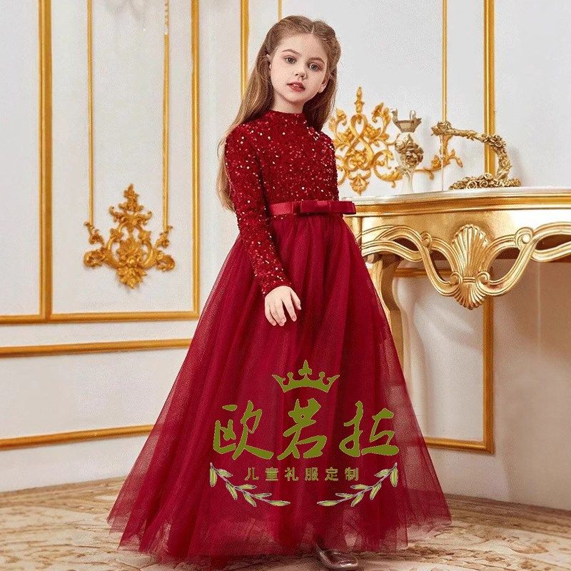 2024冬季新款丝绒亮片立领长袖儿童主持人钢琴模特走秀演出晚礼服,淘宝优惠券,粉丝福利购,淘宝优惠卷