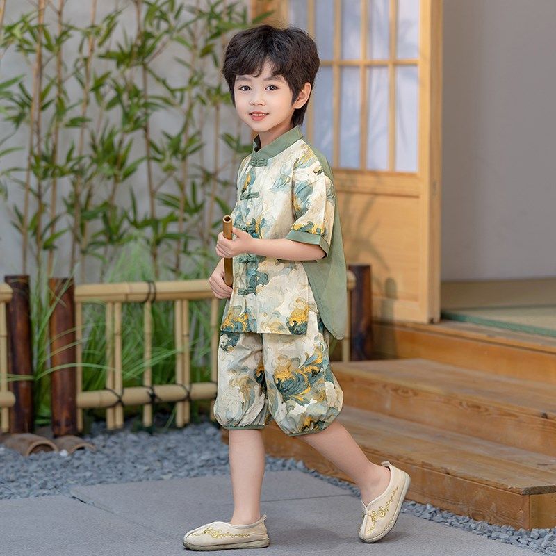 儿童唐装中国风男童汉服古装夏季短袖中式民族演出服宝宝周岁礼服,淘宝优惠券,粉丝福利购,淘宝优惠卷
