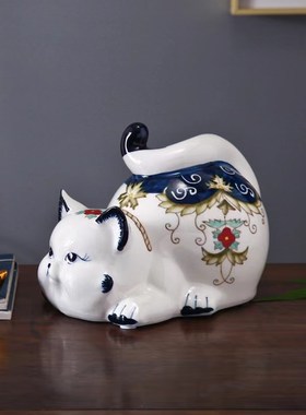 招财猫摆件创意家居客厅电视柜可爱猫咪装饰青花新中式工艺品摆设