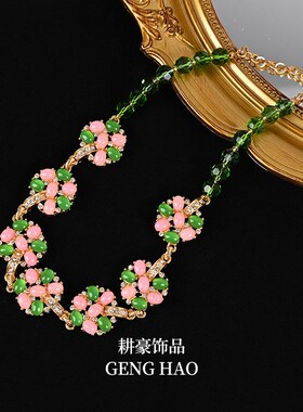 中古复古宫廷风镶钻花朵项链镂空浮雕时尚优雅轻奢花朵项链