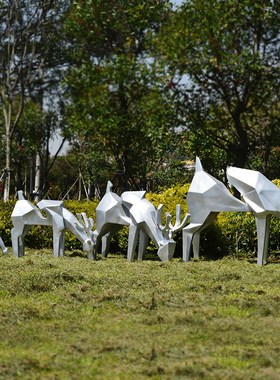 户外不锈钢d镜面鹿几何块面鹿雕塑庭院园林小区售楼处景观小品摆