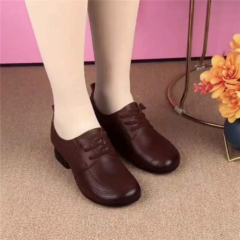 真皮单鞋女2024年春季新款圆头粗跟低跟K女鞋民族风深口牛皮妈妈 - 图2