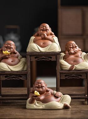 精品紫砂招财弥勒佛摆件禅意人物手工大肚佛茶道茶桌茶玩车载装饰