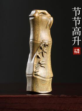 天然绿檀木雕刻竹节节高升竹子文玩整木手把件挂件手把玩盘玩