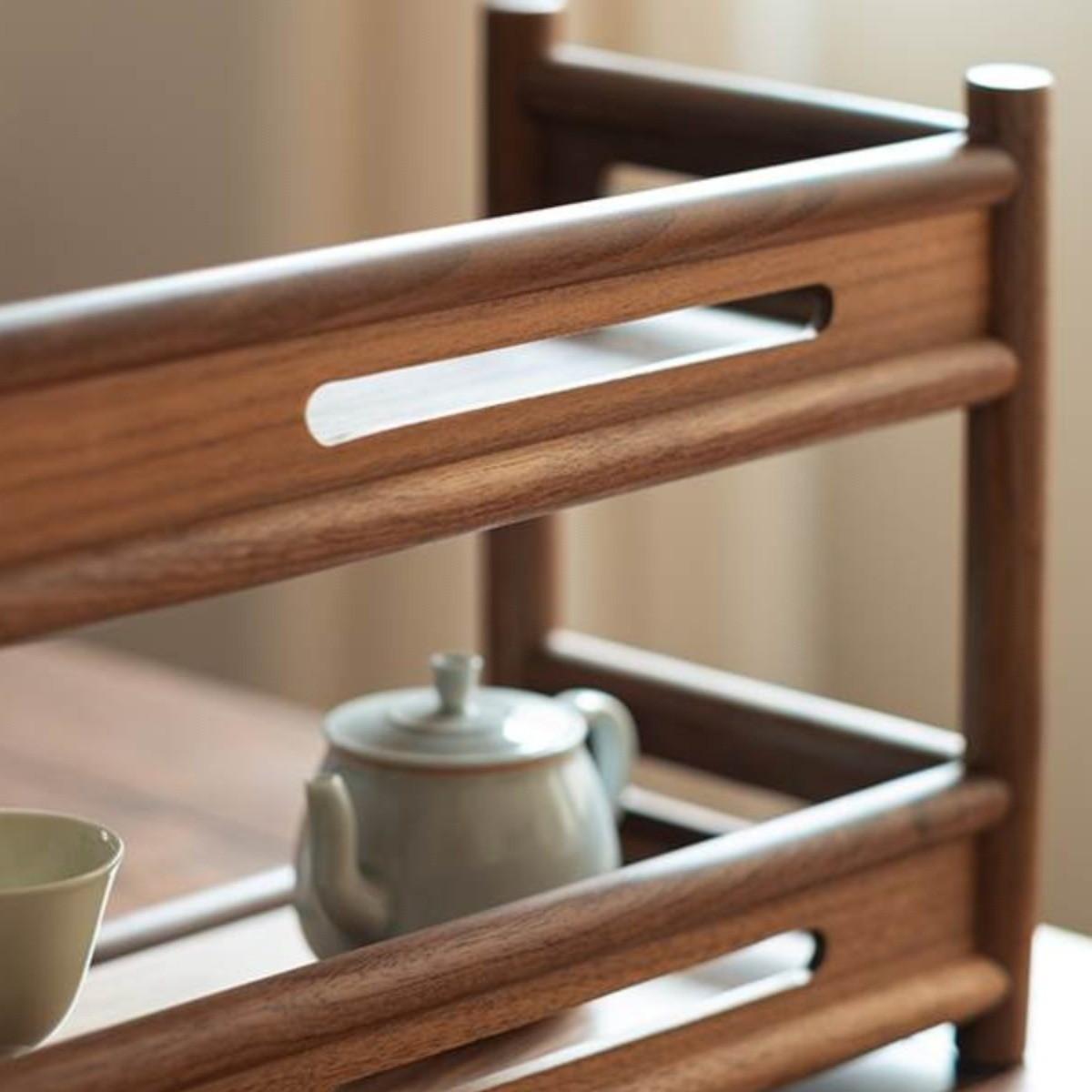 North American black walnut double-layer pot rack South American walnut wood storage rack Kung Fu tea set storage shelf purple sand teapot