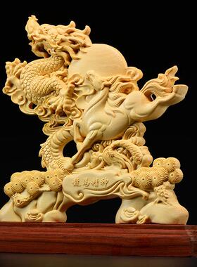 桧木雕刻龙马精神摆件木头根雕十二生肖红木质家居客厅装饰工艺礼