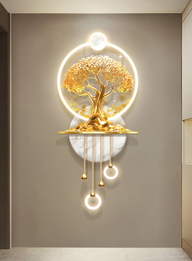 发财树玄关装饰画壁灯轻奢走廊尽头发光挂画寓意好的W立体led壁画