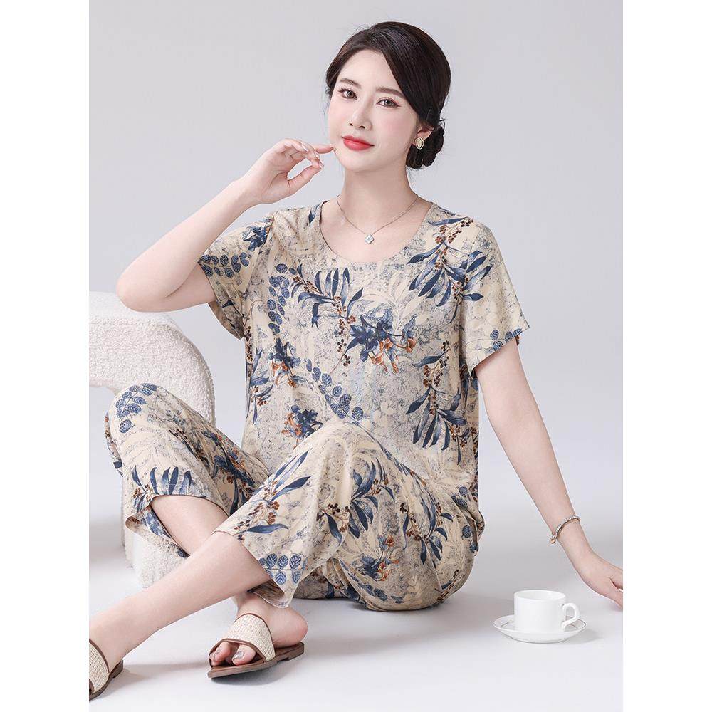妈妈睡衣薄款新款女棉绸家居服套装中老年人短袖两件套夏季人造棉,淘宝优惠券,粉丝福利购,淘宝优惠卷