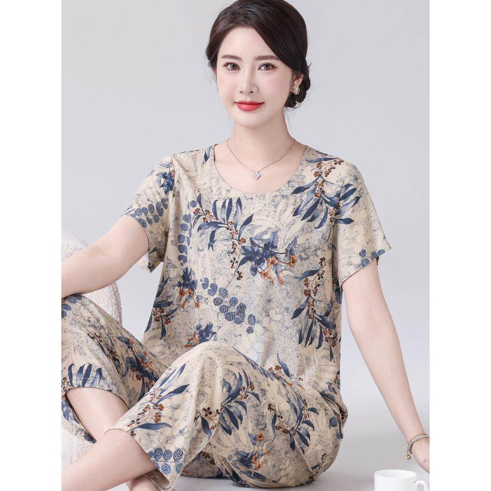 妈妈睡衣薄款新款女棉绸家居服套装中老年人短袖两件套夏季人造棉,淘宝优惠券,粉丝福利购,淘宝优惠卷