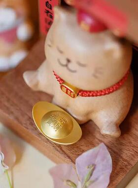 猫财神实木摆件客厅玄关入户装饰品乔迁新居入伙开业高档生日礼物