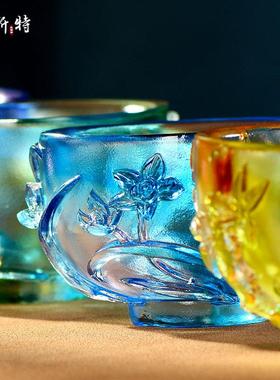 欧斯特琉璃供水杯摆件 客厅家用净水杯贡杯雕花 梅兰竹菊供水碗