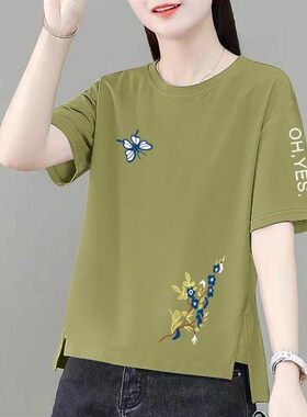 棉袖短恤t女装夏季时p尚圆领印花韩版拼接宽松百搭洋气恤体上装潮