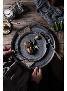 [做旧铁艺提手托盘]ins风覆古圆形收纳盘美食摄影【蜗牛道具铺】