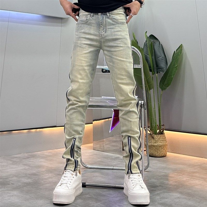 重磅美式侧拉链设计牛仔裤男夏季薄款个性百搭修身水洗直筒九分裤,淘宝优惠券,粉丝福利购,淘宝优惠卷