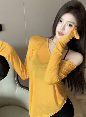 纯欲辣妹简约纯色k薄款微透长袖上衣女夏韩版慵懒感V领开叉防晒T