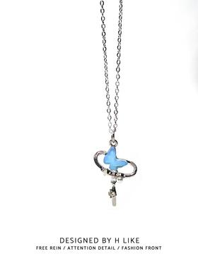 蓝色蝴蝶项链女小众设计高级感百搭锁骨链时尚气质钛钢不掉色吊坠