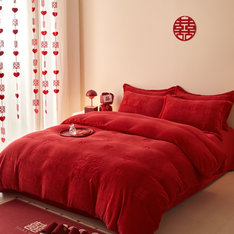 简约法兰绒结婚四件套秋冬季牛奶绒被套加厚床单S婚庆陪嫁床上用 - 图1
