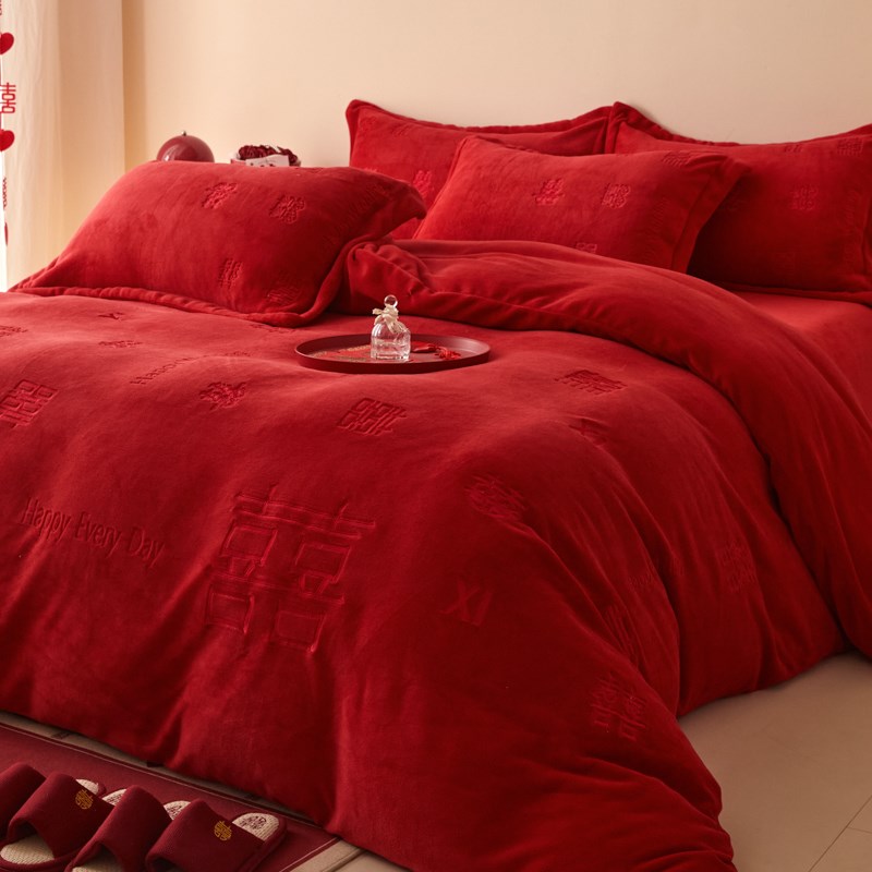 简约法兰绒结婚四件套秋冬季牛奶绒被套加厚床单S婚庆陪嫁床上用 - 图0