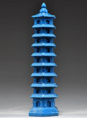 蓝色木雕刻9层文昌塔摆件实木头九层文昌塔家居客厅办公室装饰品