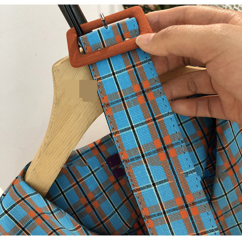 东大门韩国小姐姐气质荷叶花边双排扣格子连衣裙宽松收腰格纹裙女