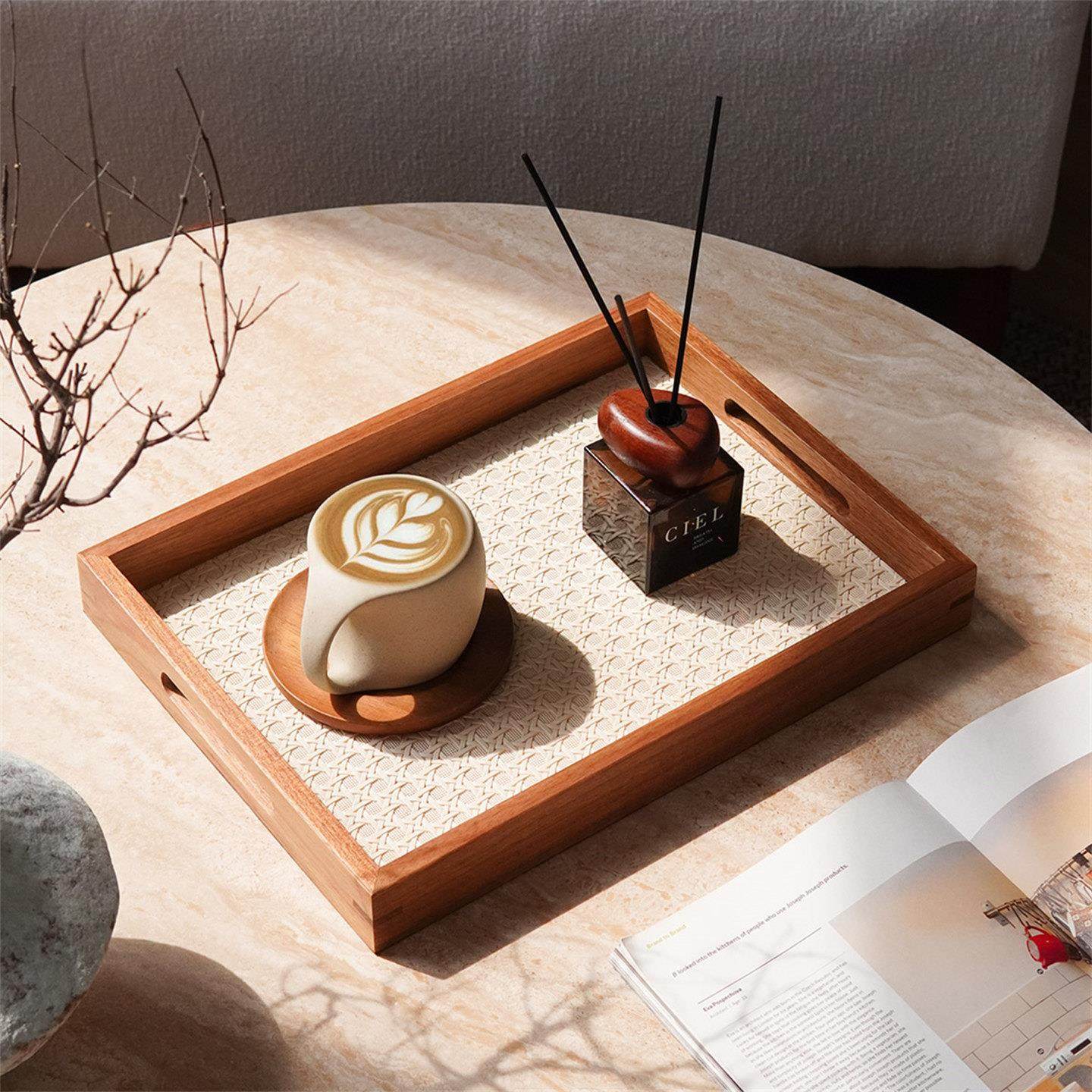 CMYD中式复古木框把手香薰托盘藤编纹玄关钥匙收纳盘桌面摆件送礼,淘宝优惠券,粉丝福利购,淘宝优惠卷