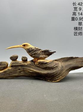 琥珀木报喜鸟书桌雕摆件手工工艺礼品摆饰家居装饰松香木雕艺术品