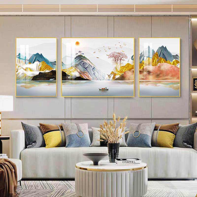 背靠金山客厅装饰画现代轻奢沙发背景墙三联挂画新中式山水画壁画,淘宝优惠券,粉丝福利购,淘宝优惠卷