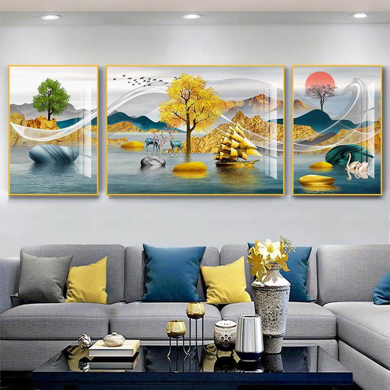 背靠金山客厅装饰画现代轻奢沙发背景墙三联挂画新中式山水画壁画,淘宝优惠券,粉丝福利购,淘宝优惠卷