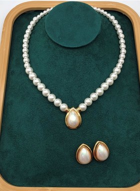 白色贝珠项链耳钉套装组合滚圆珠子手工编织简约时尚气质女锁骨链