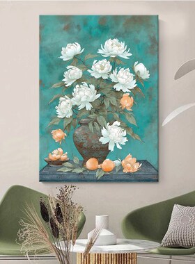 插花艺术白色牡丹纯手绘油画客厅复古色系装饰画玄关写实瓶花挂画