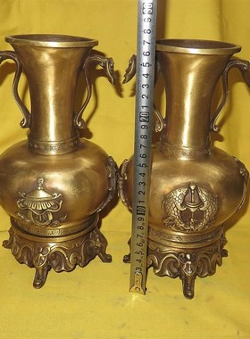 仿古铜花瓶纯铜器铜西藏八宝如意耳摆件花瓶花插一对供奉家居饰品