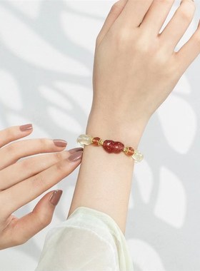 2023新款天然黄水晶草莓晶貔貅水晶手链纯手工编织手绳中国风礼物