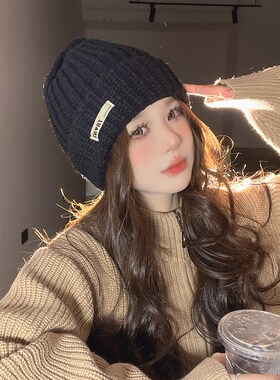 日系宽松毛线帽子女秋冬季保暖防风显脸小针织帽韩版日系套头帽男