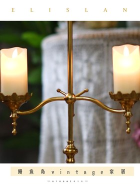 欧式复古纯铜雕花双头烛台法式蜡烛家居摆件升降装饰餐桌拍摄道具