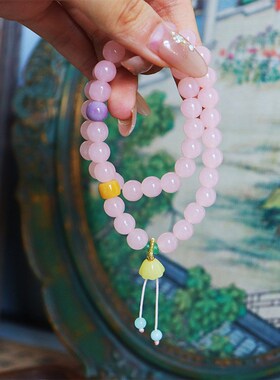 新中式时尚轻奢粉色串珠莲蓬手链高级感气质小众精致百搭双圈手串