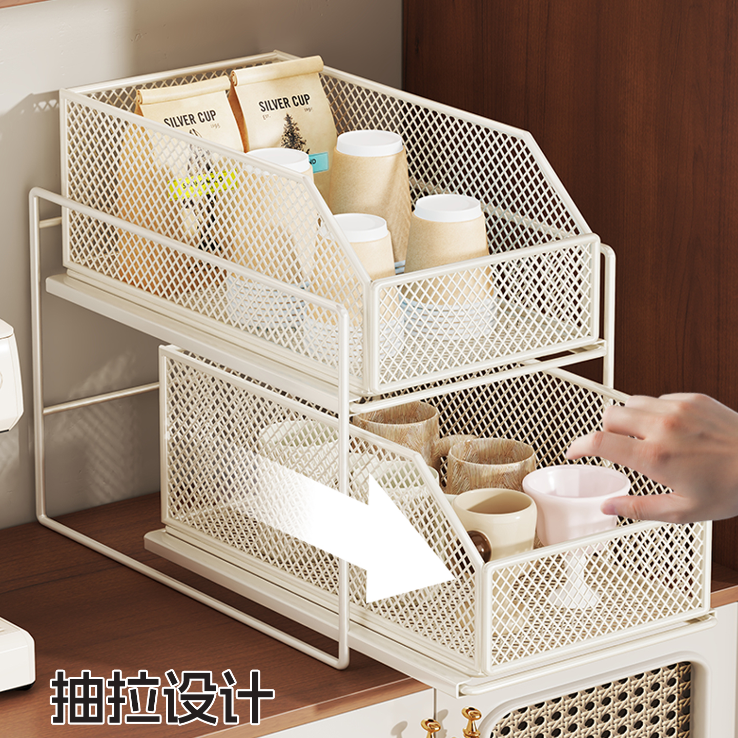 杯子收纳架茶水间餐桌咖啡杯水杯储物摆放架抽拉式多层沥水置物架 - 图0