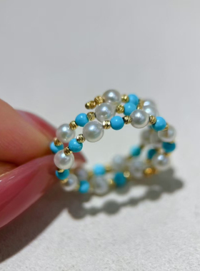 意大利工艺18K黄金天然绿松石akoya日本海水珍珠弹力戒指