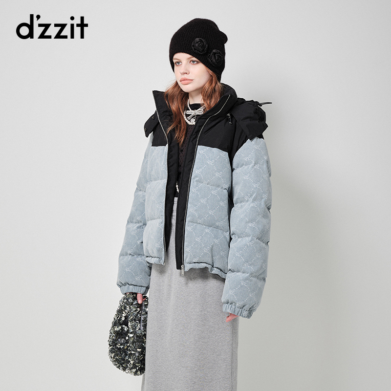 dzzit地素牛仔拼接羽绒服2023冬专柜新款蓝色复古丹宁户外工装风