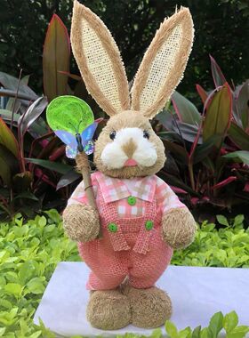 35cm Straw Easter Bunny Statue Animal Sculpture Desktop