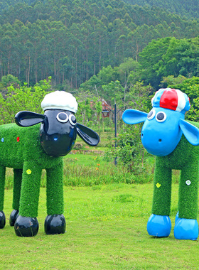 玻璃钢户外卡通植草羊雕塑