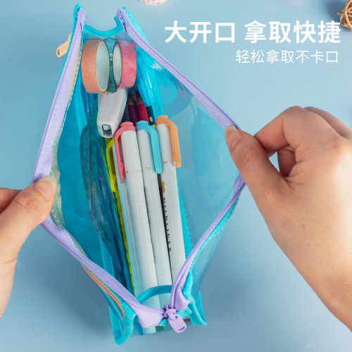 欧力益笔袋透明网纱双层简约初中高中生大容量防水考试专用文具盒 - 图0