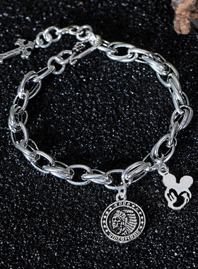 S925银复古泰银手链女时钟字母时尚潮男船舵骷髅头十字架军花挂饰