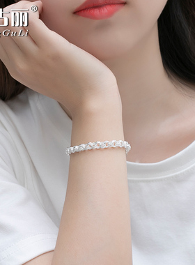 纯银手链女S990足银三圈多层扣环手链粗圆圈圈银手链o字链送女友