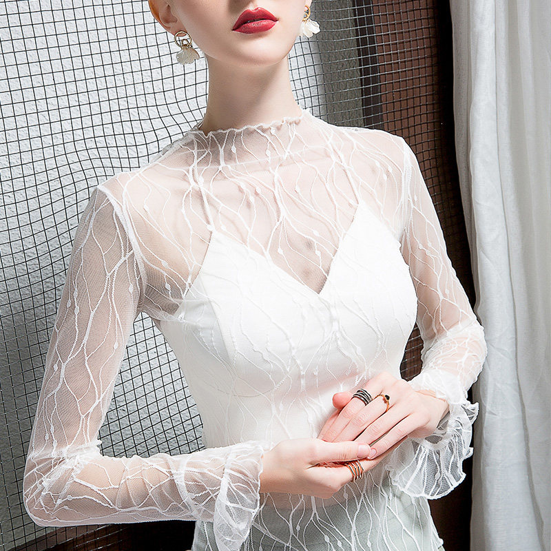 2025秋季新款半高领蕾丝打底衫女喇叭袖洋气春款性感内搭长袖上衣,淘宝优惠券,粉丝福利购,淘宝优惠卷