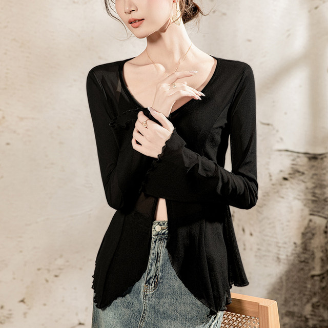 ເສື້ອ cardigan ຕາຫນ່າງຄໍ V-through ສໍາລັບແມ່ຍິງທີ່ມີແຂນກະດິ່ງ