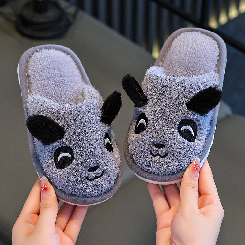 儿童秋冬棉拖鞋加厚软底防滑居家室内厚底熊猫可爱卡通棉鞋亲子鞋