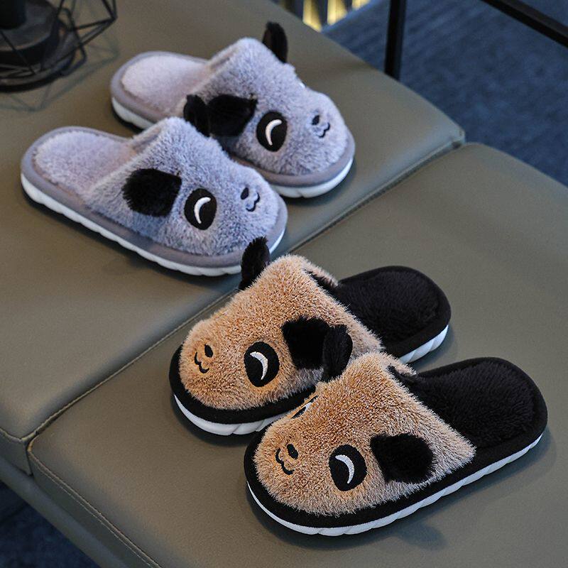 儿童秋冬棉拖鞋加厚软底防滑居家室内厚底熊猫可爱卡通棉鞋亲子鞋